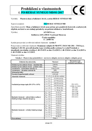 Prohlášení o vlastnostech plastových oken a balkonových dveří Synego