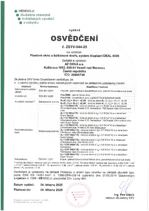 OSVĚDČENÍ ALUPLAST IDEAL 4000 OKNA CZ